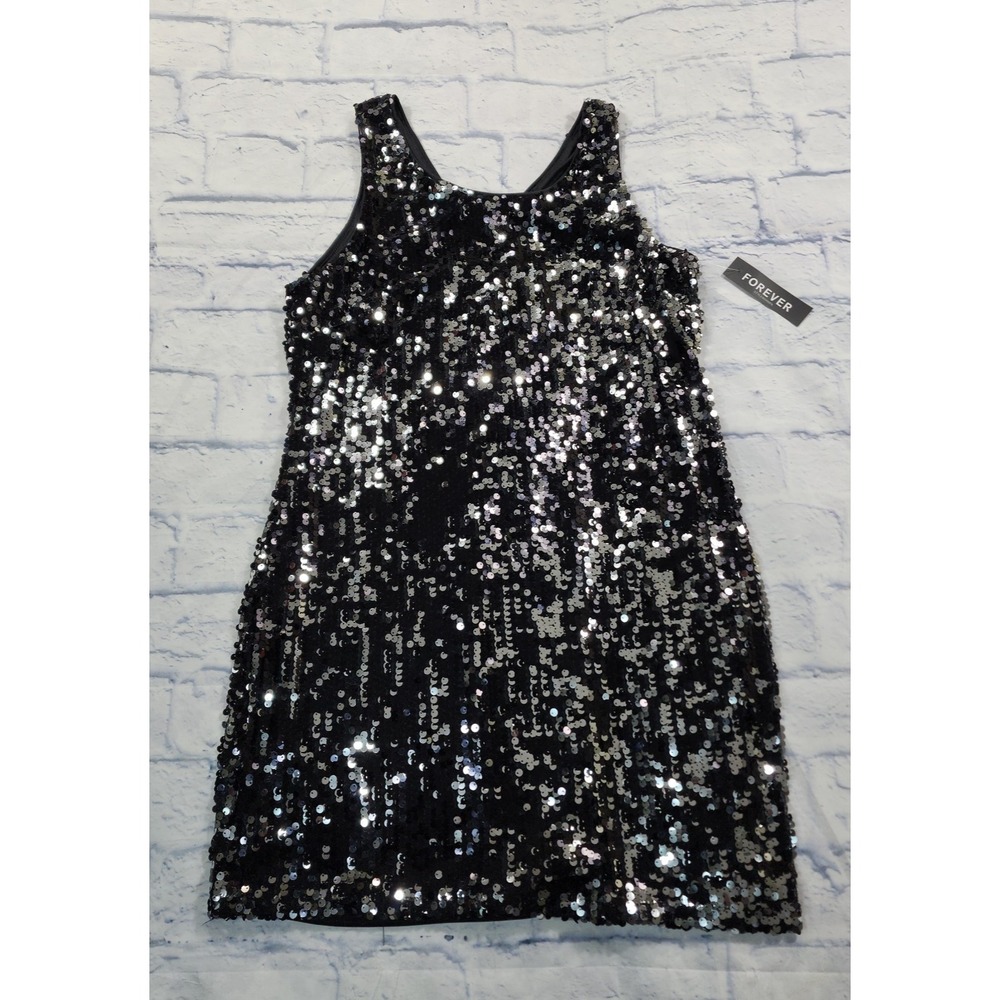 Forever Dress WOMENS PS Sequin Sleeveless Stretch Cocktail Party Black Silver
